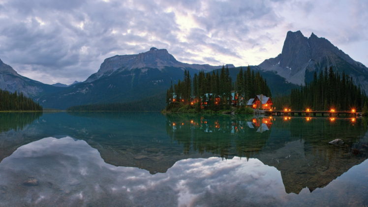 canada, Yoho, National, Park, Lake, Emerald, Mountains, Houses, Lights, Reflection, Morning, Sunrise HD Wallpaper Desktop Background