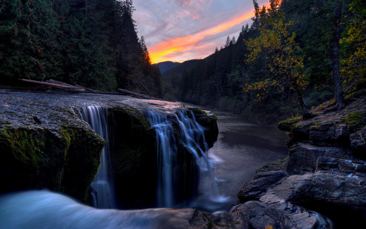 river, Sky, Sunset, Forest, Rocks, Streams HD Wallpaper Desktop Background