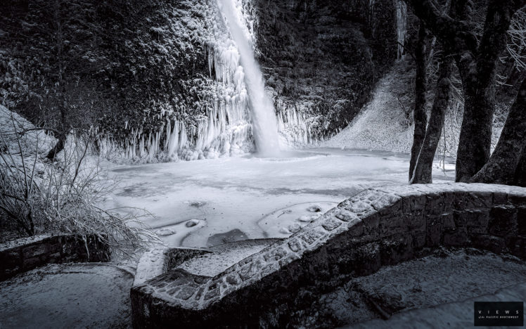 waterfall, Bw, Winter, Snow HD Wallpaper Desktop Background