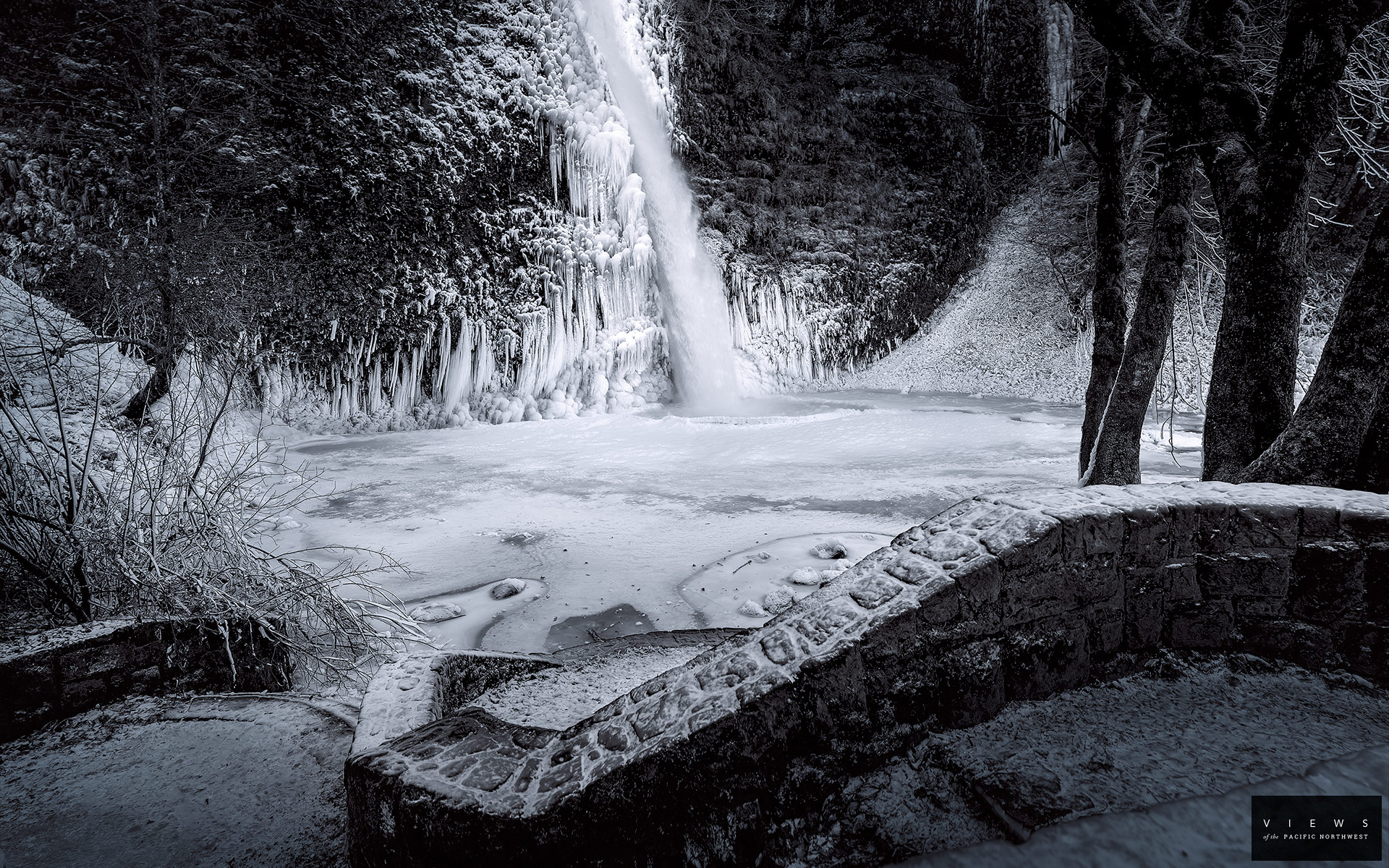 waterfall, Bw, Winter, Snow Wallpaper