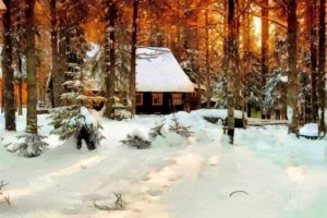 winter, Snow, Forest, Trees, House, Painting, Oil, On, Canvas