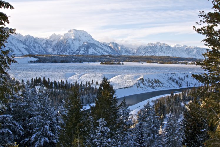 winter, River, Mountains, Trees, Landscape HD Wallpaper Desktop Background