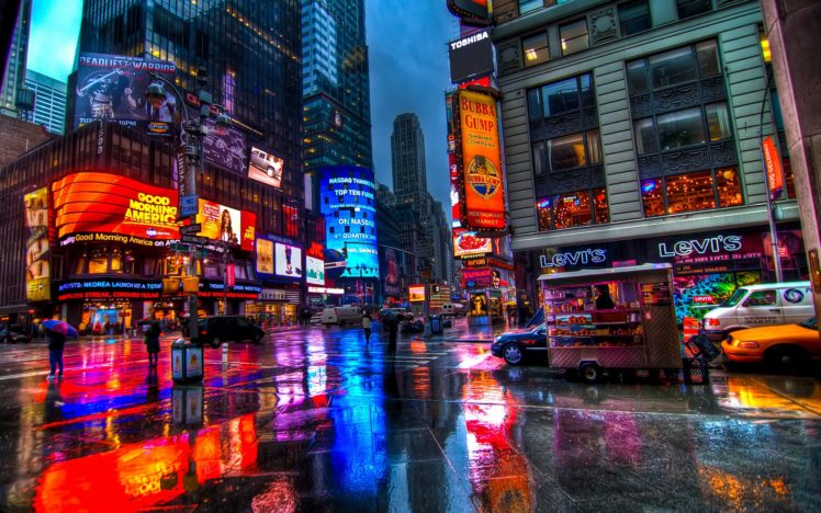 times, Square, New, York, Usa, City, Cities, Neon, Lights, Night, Rain HD Wallpaper Desktop Background