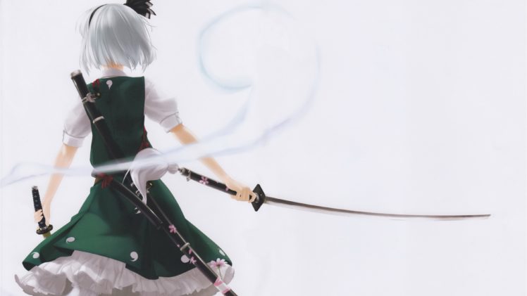 video, Games, Touhou, Dress, Back, Katana, Samurai, Weapons, Ghosts, Konpaku, Youmu, Short, Hair, White, Hair, Myon, Simple, Background, Anime, Girls, Green, Dress, Hair, Band, Swords, White, Background, Hair, O HD Wallpaper Desktop Background