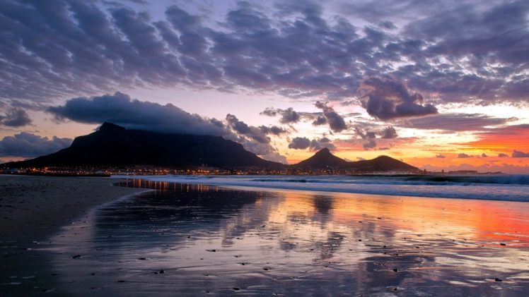sunset, Mountains, Landscapes, Nature, City, Lights, Reflections, Sky, Sea, Beaches HD Wallpaper Desktop Background