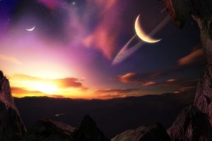 mountains, Outer, Space, Horizon, Planets, Rings, Digital, Art, Science, Fiction, Alien, Landscapes, Moons