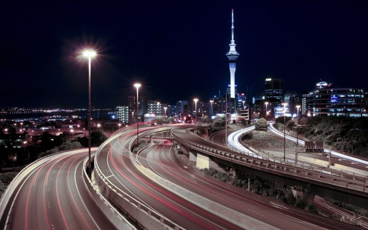 night, Lights, Tower, Highway, Downtown, Roads, Auckland, Long, Exposure, Skyscapes HD Wallpaper Desktop Background