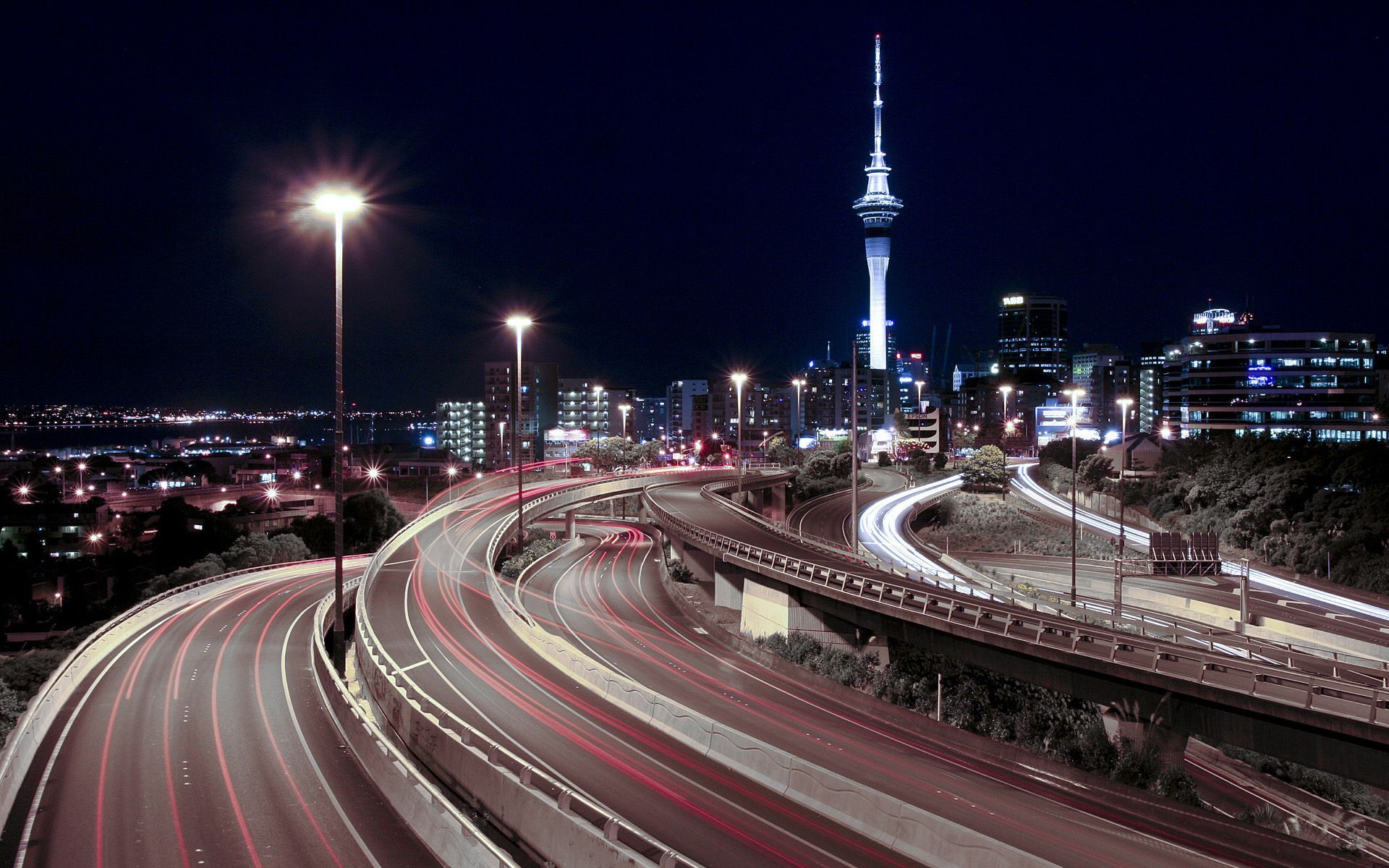 night, Lights, Tower, Highway, Downtown, Roads, Auckland, Long, Exposure, Skyscapes Wallpaper