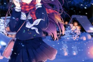 brunettes, Steam, Mountains, Nature, Winter, Snow, Trees, School, Uniforms, Tie, Wind, Skirts, Long, Hair, Outdoors, Buildings, Snowmen, Pantyhose, Snowflakes, Smiling, Shirts, Scarfs, Purple, Eyes, Anime, Girls