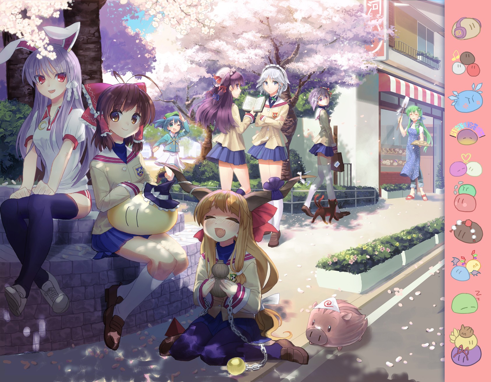 brunettes, Blondes, Video, Games, Touhou, Cherry, Blossoms, Flowers, Cats, Blue, Eyes, Animals, Demons, School, Uniforms, Schoolgirls, Skirts, Horns, Long, Hair, Cirno, Ribbons, Clannad, Outdoors, Buildings, Iza Wallpaper