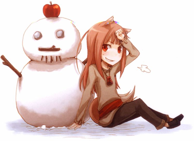 brunettes, Winter, Snow, Spice, And, Wolf, Snowmen, Animal, Ears, Holo, The, Wise, Wolf, Apples, Inumimi HD Wallpaper Desktop Background