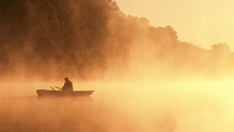 silhouettes, Fog, Mist, Sepia, Boats, Fishing, Monochrome HD Wallpaper Desktop Background