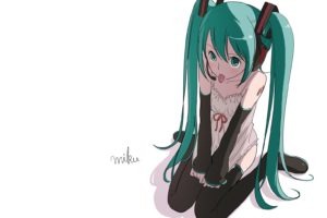 headphones, Tattoos, Vocaloid, Dress, Stockings, Hatsune, Miku, Long, Hair, Tongue, Green, Eyes, Thigh, Highs, Green, Hair, Twintails, Sitting, White, Dress, Simple, Background, Anime, Girls, Simple, Detached, S