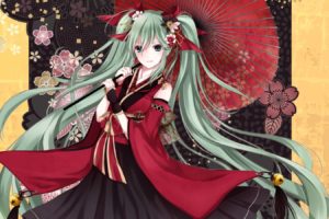 cherry, Blossoms, Vocaloid, Flowers, Hatsune, Miku, Skirts, Long, Hair, Blossoms, Green, Eyes, Green, Hair, Twintails, Open, Mouth, Bells, Umbrellas, Cuffs, Japanese, Clothes, Anime, Girls, Detached, Sleeves, Ha