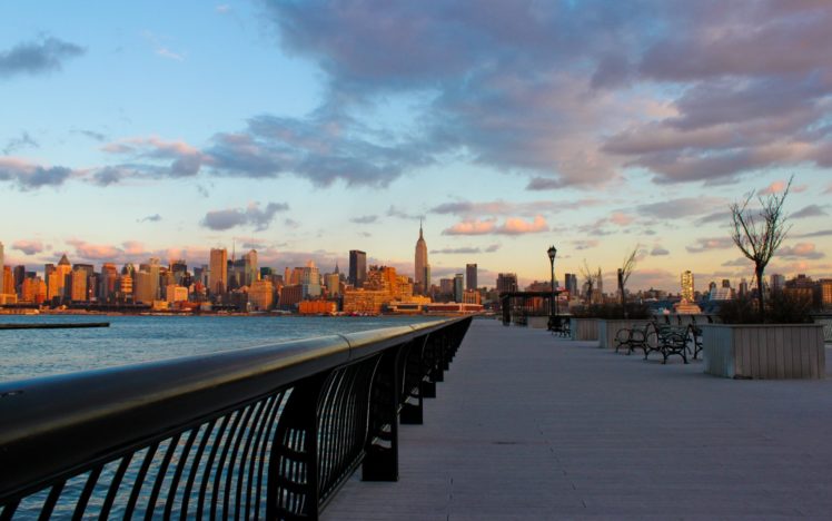 water, Sunset, Cityscapes, Fences, New, York, City, Towns, Sidewalks HD Wallpaper Desktop Background