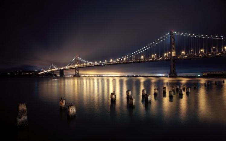 night, Bridges, San, Francisco, City, Lights, Long, Exposure, Reflections HD Wallpaper Desktop Background