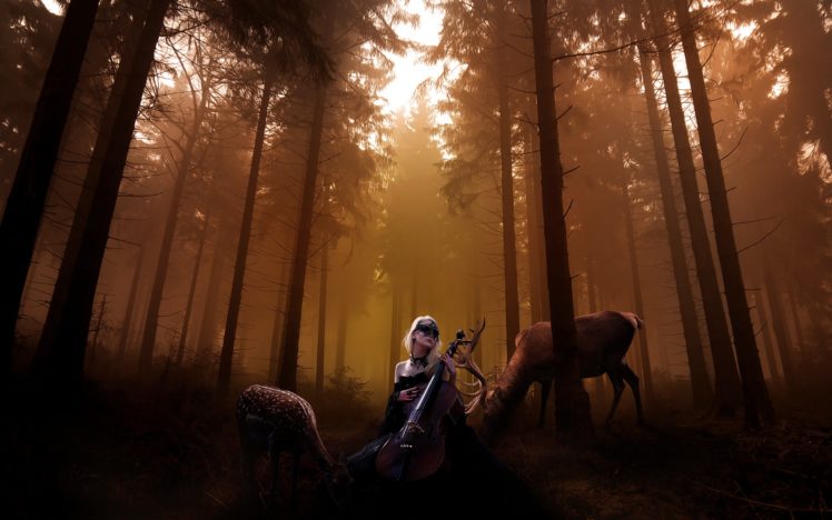 forests, Deer, Cello, Artwork, Melody, Cellist HD Wallpaper Desktop Background