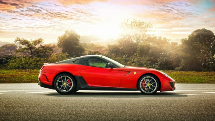 sunset, Red, Ferrari, 599, Ferrari, 599, Gto, Side, View HD Wallpaper Desktop Background