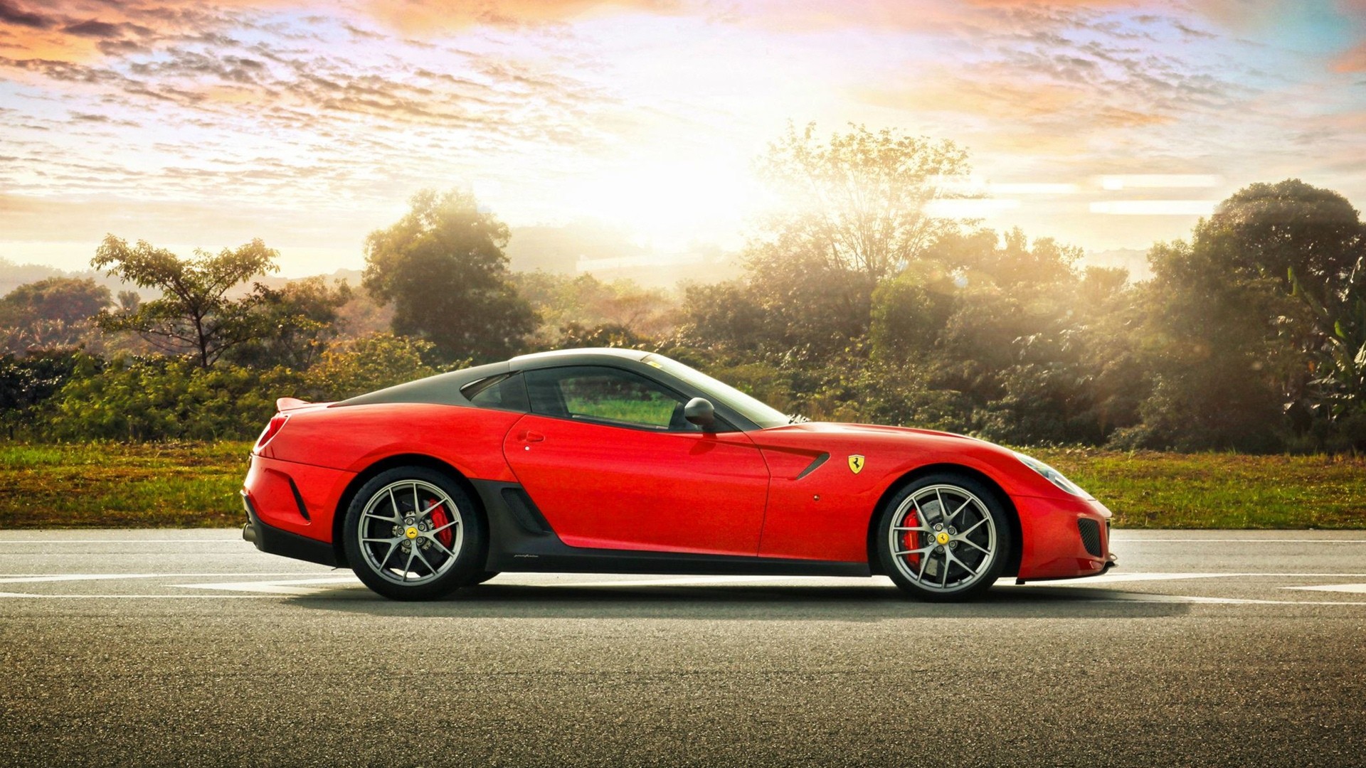 sunset, Red, Ferrari, 599, Ferrari, 599, Gto, Side, View Wallpaper