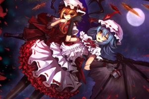 blondes, Video, Games, Touhou, Wings, Gloves, Dress, Night, Moon, Cups, Long, Hair, Blue, Hair, Vampires, Pantyhose, Red, Eyes, Short, Hair, Crystals, Bows, Red, Dress, Sisters, Open, Mouth, Ponytails, Wink, Fla