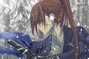 rurouni, Kenshin, Blood, Brown, Hair, Himura, Kenshin, Japanese, Clothes, Katana, Kawanakajima, Long, Hair, Ponytail, Rurouni, Kenshin, Scar, Snow, Sword, Weapon