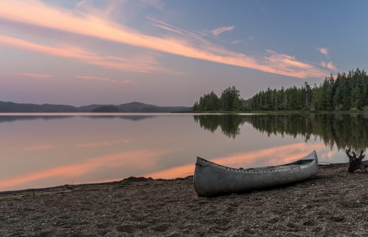 boat, Shore, Water, Trees, Sunset, Reflection HD Wallpaper Desktop Background