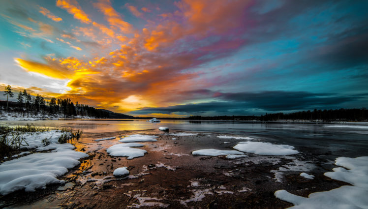 morning, Ice, Sunrise, Lake, Snow, Forest, Winter, Reflection HD Wallpaper Desktop Background