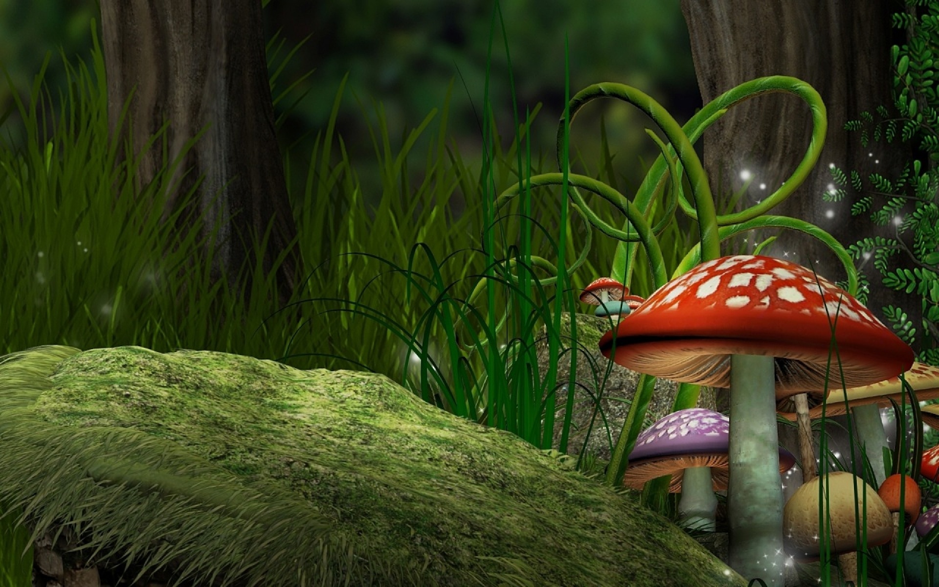 mushrooms, Forest, Grass, Art Wallpaper