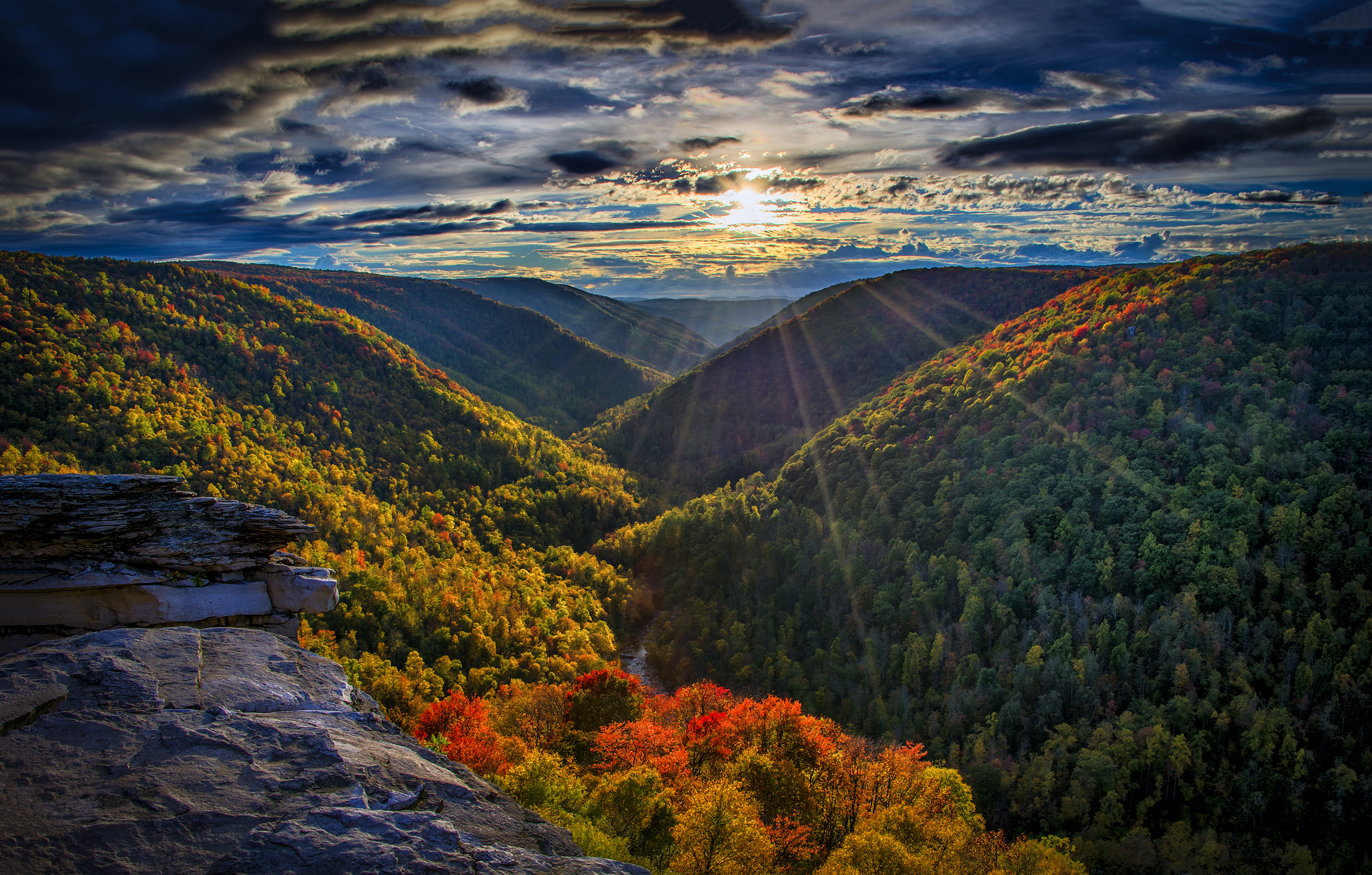 mountains, River, Autumn, Sun, Forest, Rays Wallpaper
