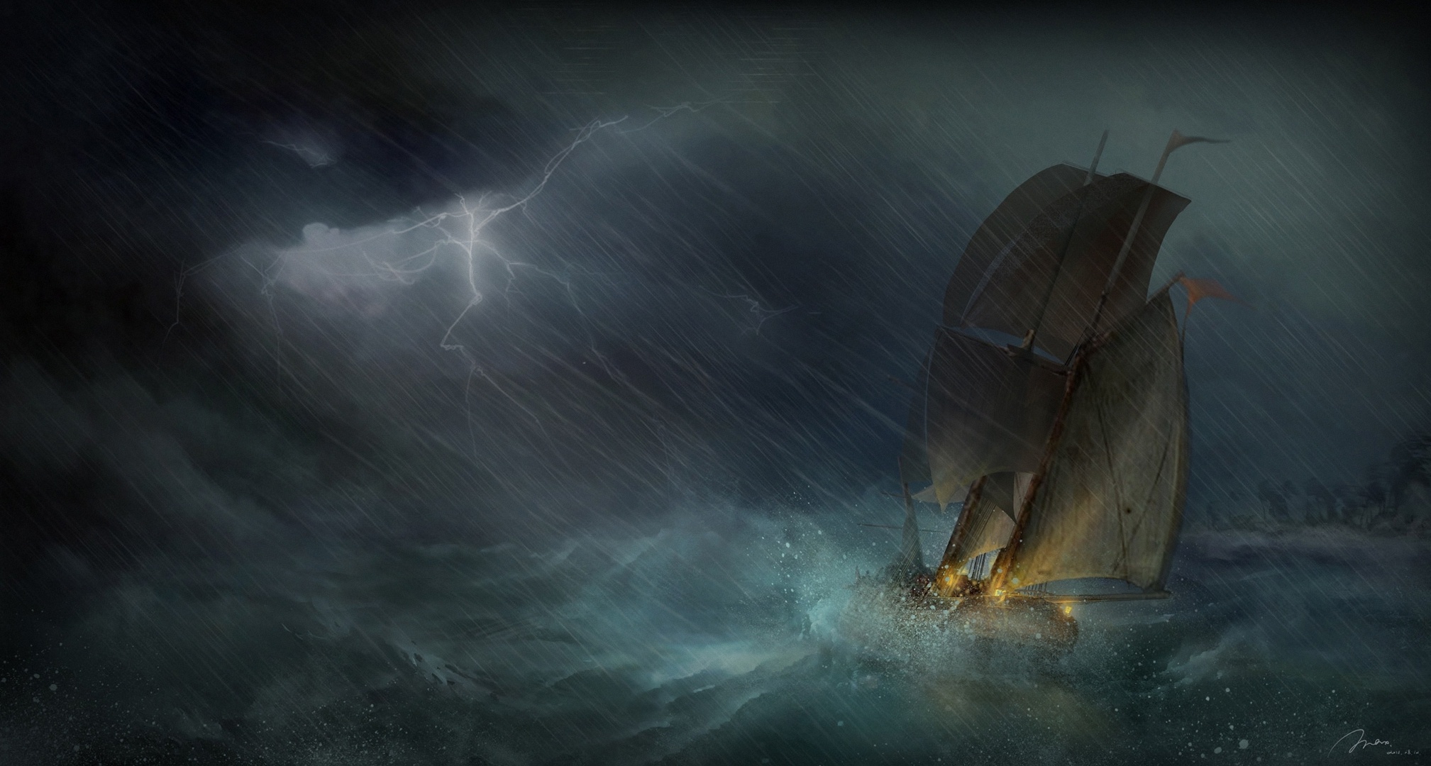 sea, Ship, Sailing, Art, Storm, Lightning, Ocean, Rain, Painting Wallpaper