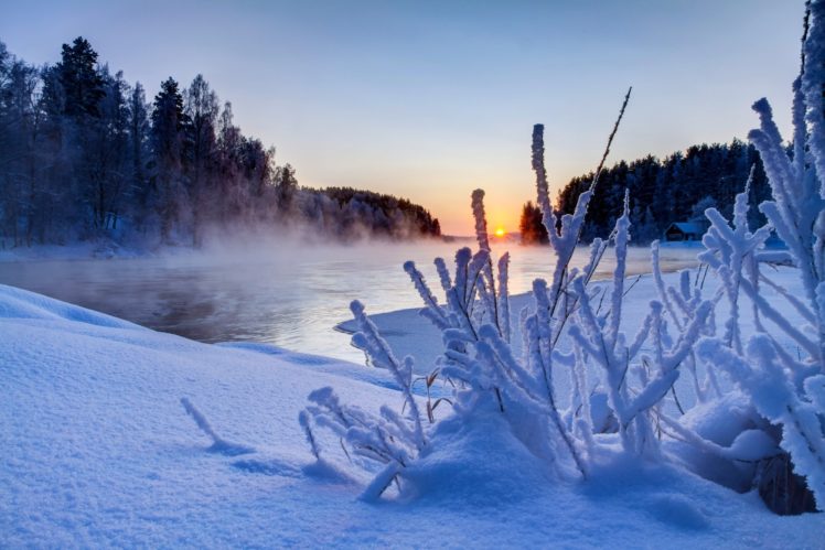 sunset, Nature, Winter, Snow, Sky, River HD Wallpaper Desktop Background