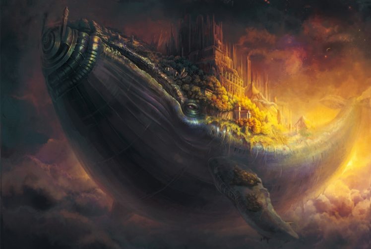 whale, Fish, City, Flying, In, The, Sky, Art, Castle, Steampunk, Fantasy HD Wallpaper Desktop Background