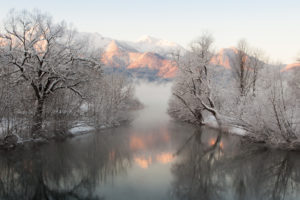 winter, Fog, Mountains, Snow, Trees, River