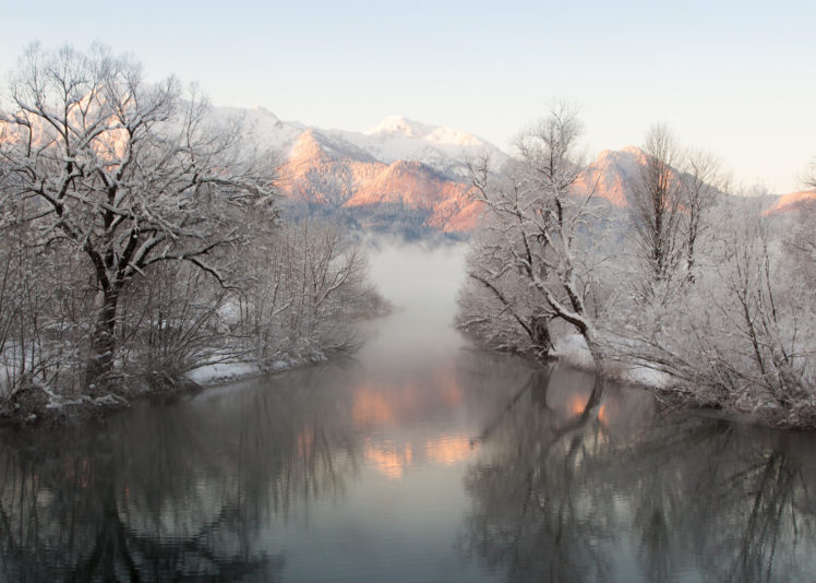 winter, Fog, Mountains, Snow, Trees, River HD Wallpaper Desktop Background