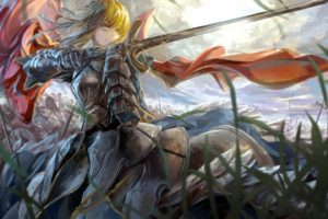 blondes, Fate stay, Night, Knights, Grass, Weapons, Green, Eyes, Armor, Short, Hair, Type moon, Warriors, Capes, Saber, Fate zero, Skyscapes, Swords, Fate, Series