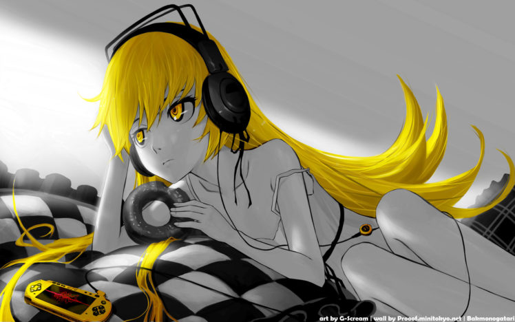 bakemonogatari, Headphones, Girl, Oshino, Shinobu, Selective, Coloring, Monogatari, Series HD Wallpaper Desktop Background