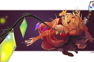blondes, Video, Games, Touhou, Wings, Long, Hair, Vampires, Red, Eyes, Crystals, Bows, Open, Mouth, Fangs, Ponytails, Flandre, Scarlet, Hats, Hair, Ornaments, Side, Ponytail