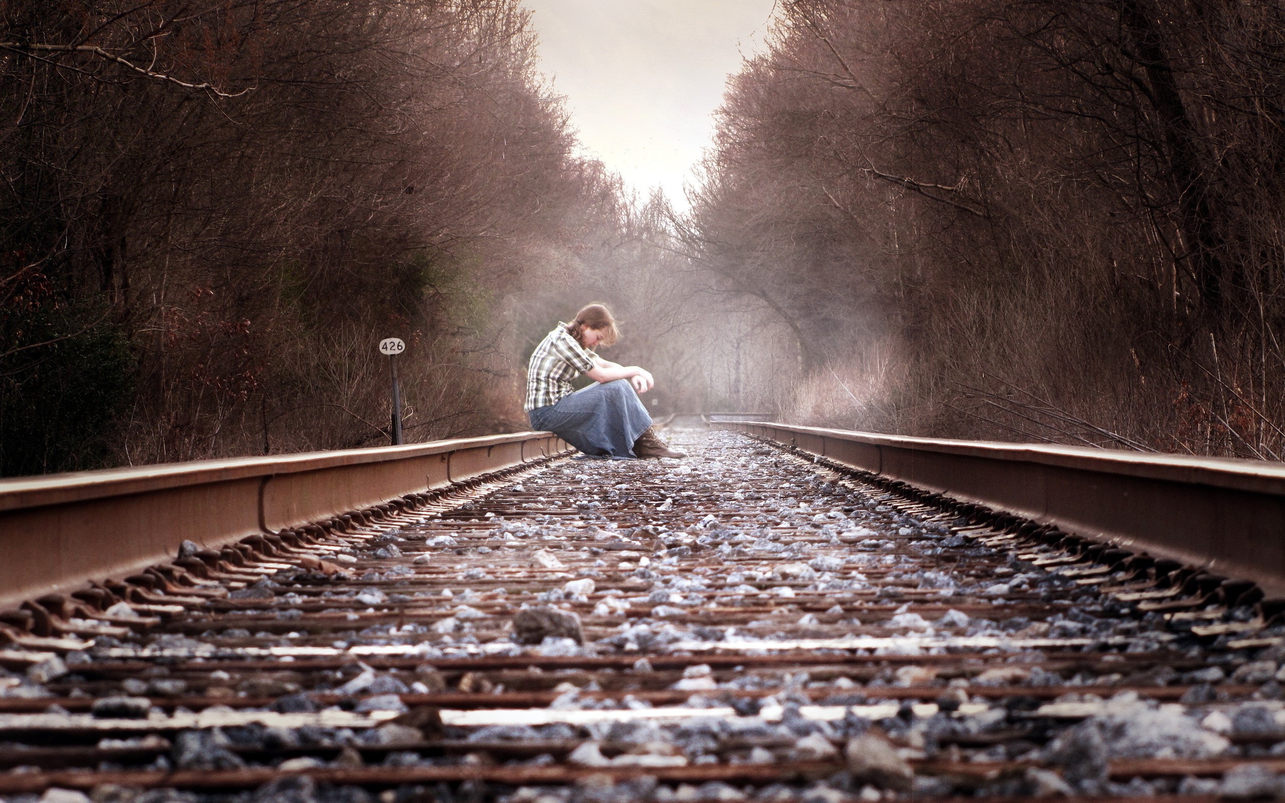 women, Forest, People, Railroad, Tracks Wallpaper