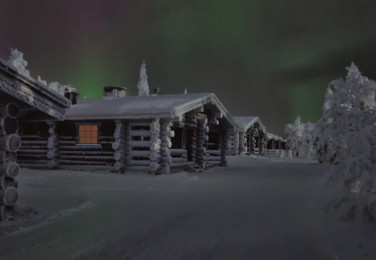 cabin, Winter, Snow, Northern, Lights, Aurora, Borealis HD Wallpaper Desktop Background