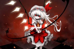 video, Games, Touhou, Wings, Skirts, Long, Hair, Weapons, Vampires, Red, Eyes, Checkered, Spears, Ponytails, White, Hair, Flandre, Scarlet, Hats, Glowing, Eyes, Laevateinn, Slit, Pupils, Side, Ponytail