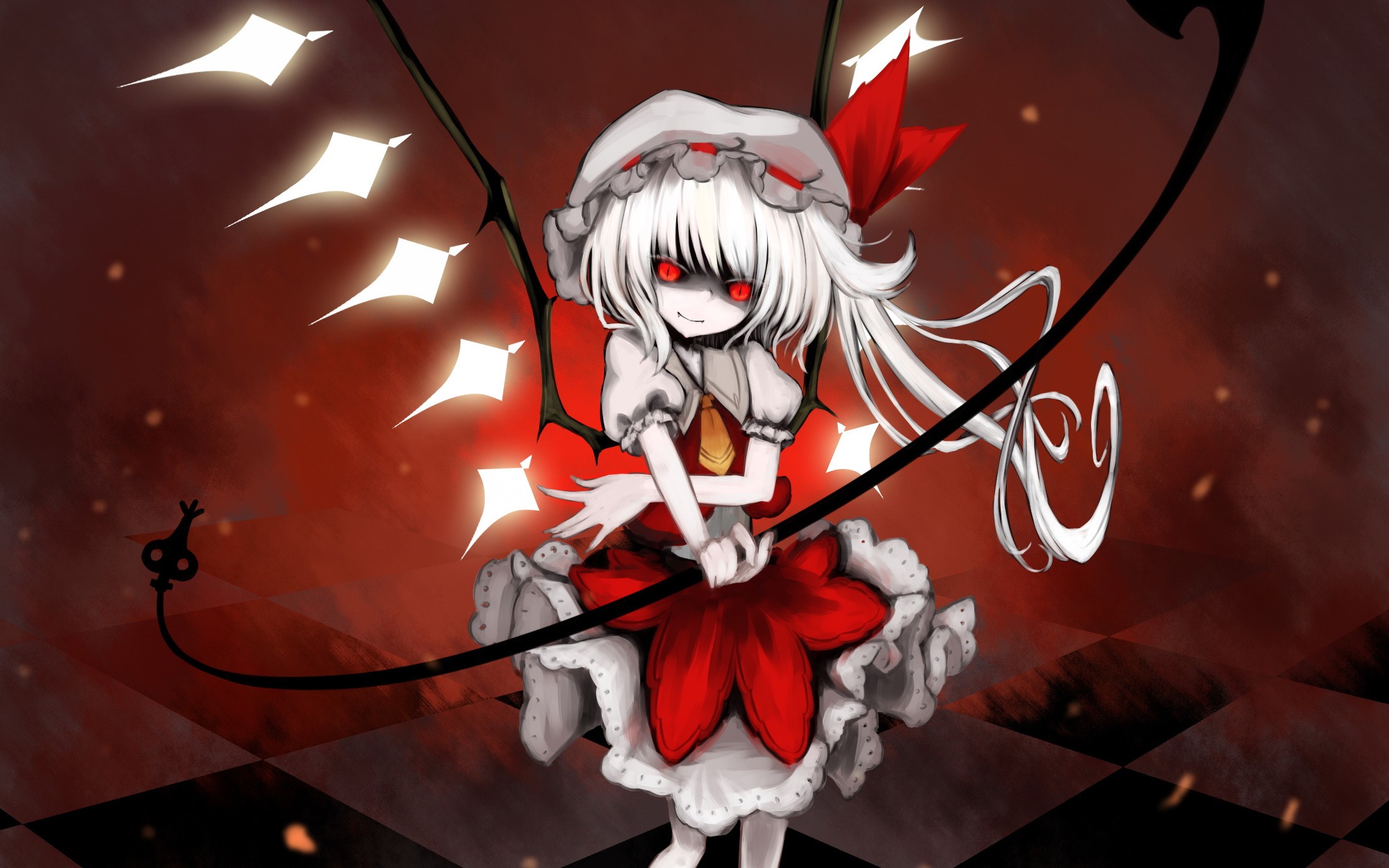 video, Games, Touhou, Wings, Skirts, Long, Hair, Weapons, Vampires, Red, Eyes, Checkered, Spears, Ponytails, White, Hair, Flandre, Scarlet, Hats, Glowing, Eyes, Laevateinn, Slit, Pupils, Side, Ponytail Wallpaper