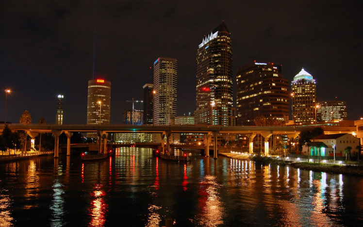 water, Cityscapes, Skylines, Lights, Architecture, Bridges, Buildings, Tampa, Bay, Lightning HD Wallpaper Desktop Background