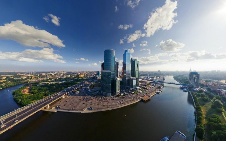 cityscapes, Russia, Skyscrapers, Moscow, Fisheye, Effect, Blue, Skies HD Wallpaper Desktop Background