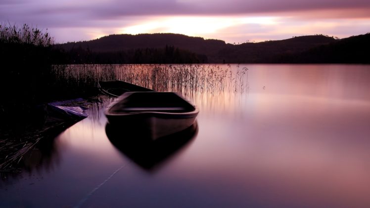 water, Mountains, Boats, Lakes, Reeds HD Wallpaper Desktop Background