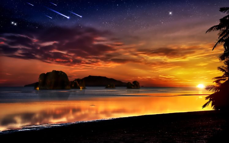 sunset, Ocean, Rocks, Fantasy, Art, Scenic, Shooting, Star, Skyscapes HD Wallpaper Desktop Background