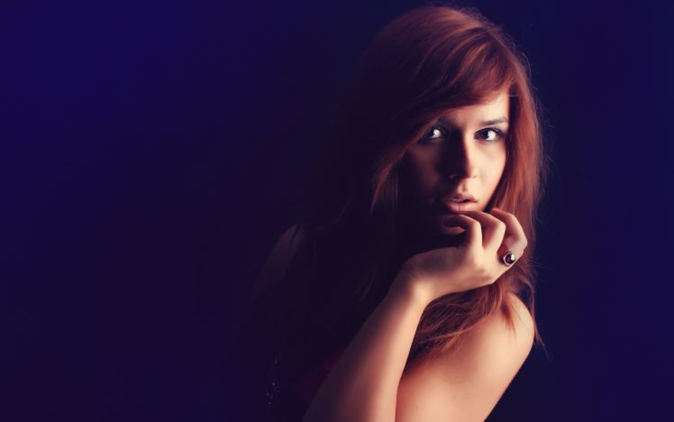 women, Redheads, Rings, Blurred, Finger, In, Mouth, Blue, Background HD Wallpaper Desktop Background