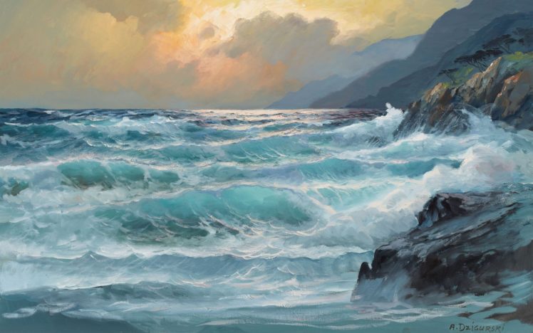 paintings, Ocean, Clouds, Landscapes, Nature, Rocks, Artwork HD Wallpaper Desktop Background