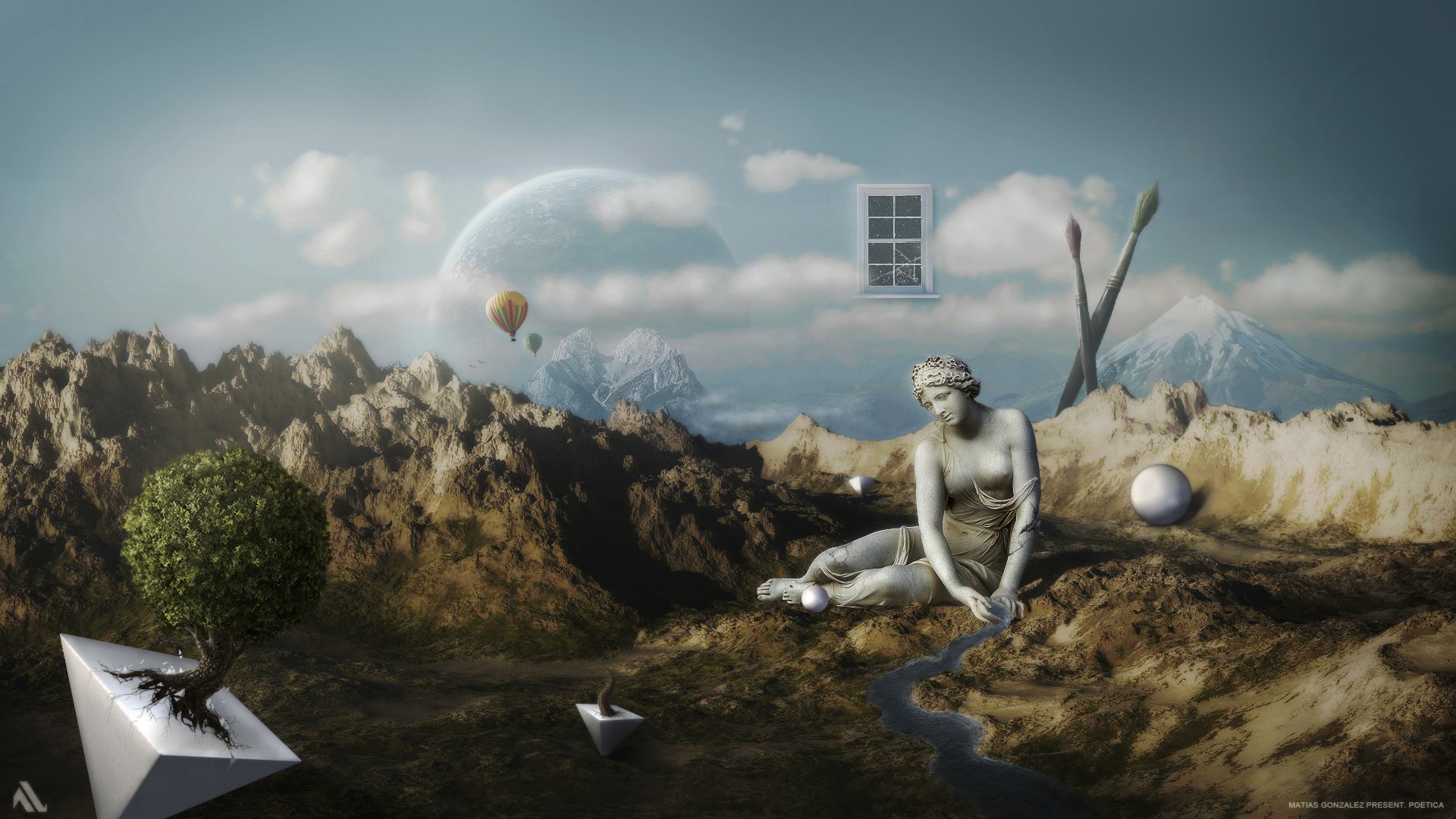 trees, Fantasy, Art, Streams, Statues, Digital, Art, Balloons, Poetry, Fantastic Wallpaper