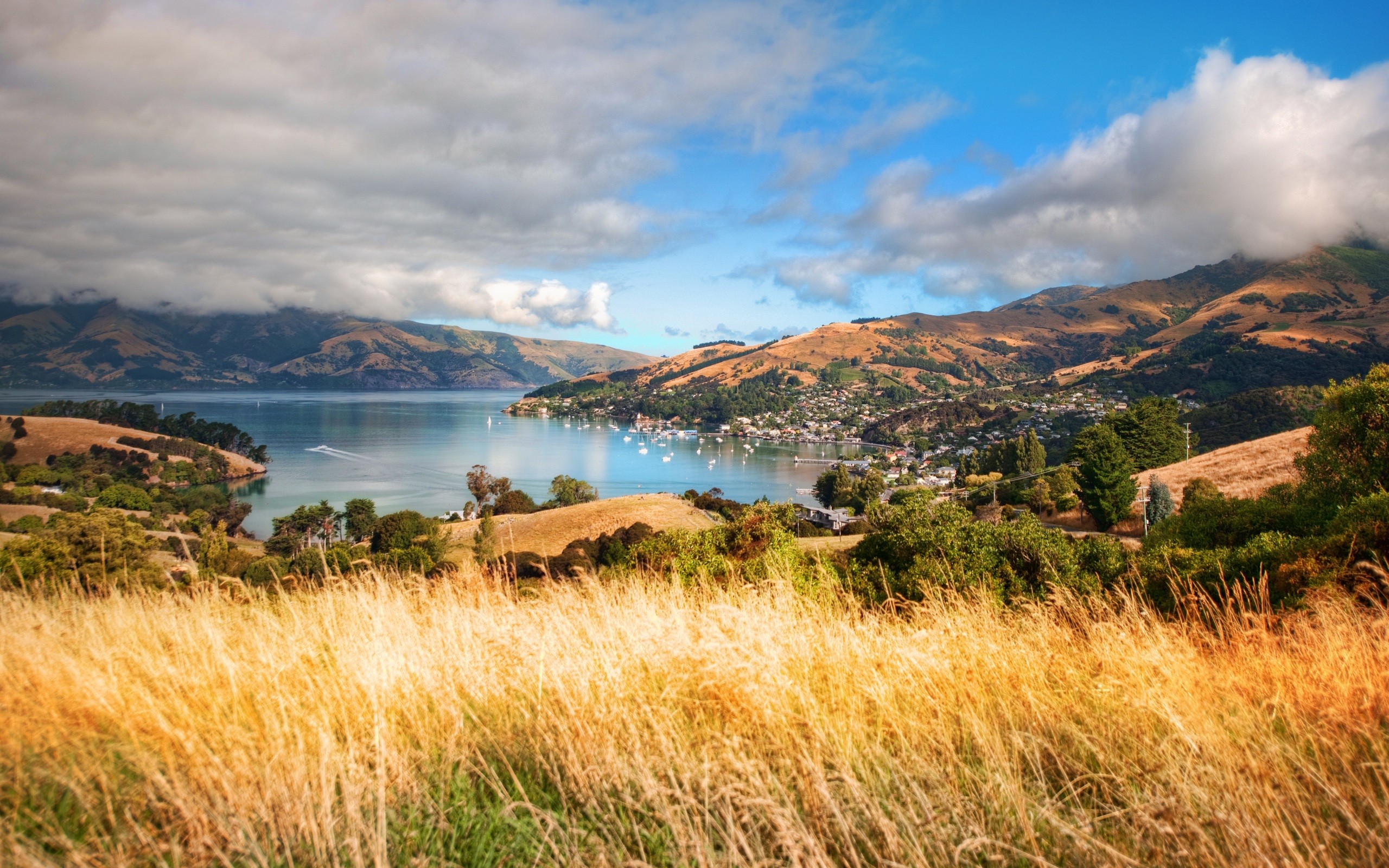 mountains, Clouds, Fields, Rivers Wallpaper