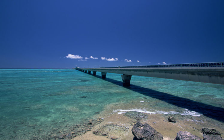water, Beach, Skylines, Seas, Rocks, Bridges, Okinawa, Blue, Skies HD Wallpaper Desktop Background